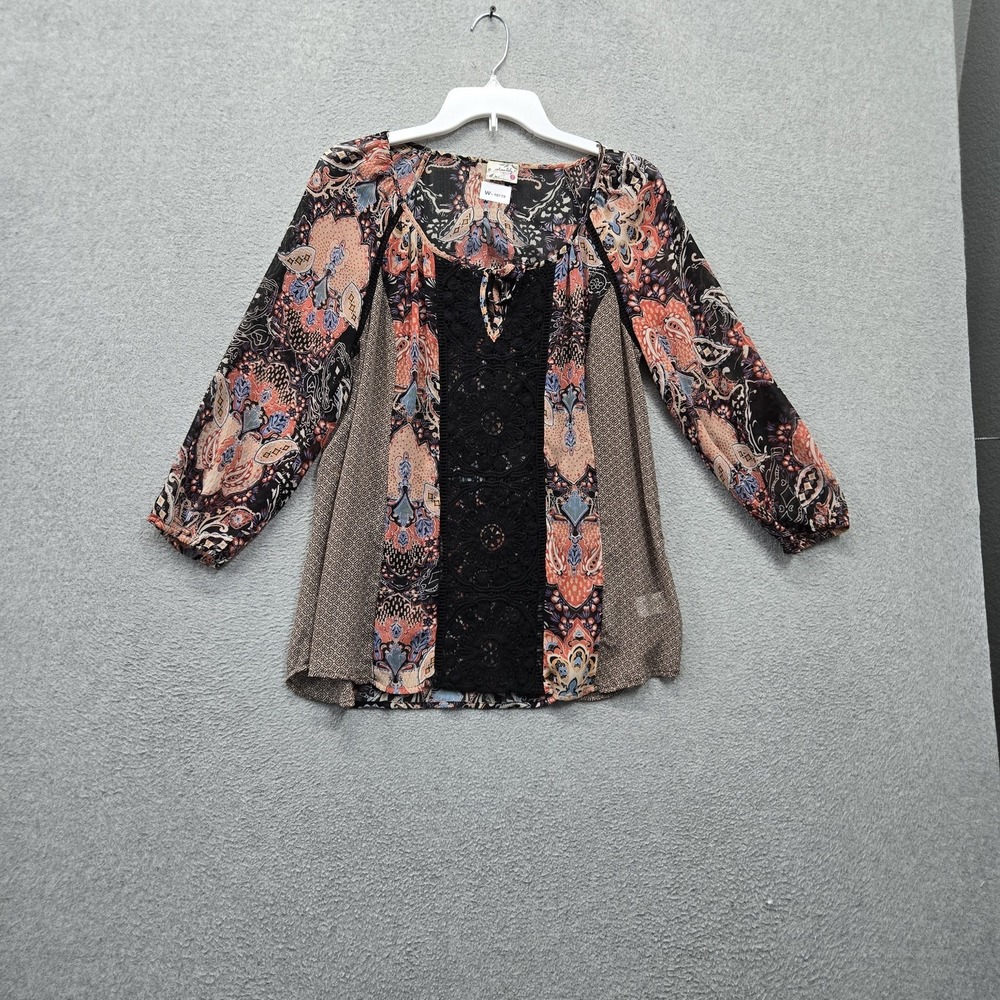 Intimately Free People Women Blouse XS Black Paisley Floral Boho Crochet Sheer